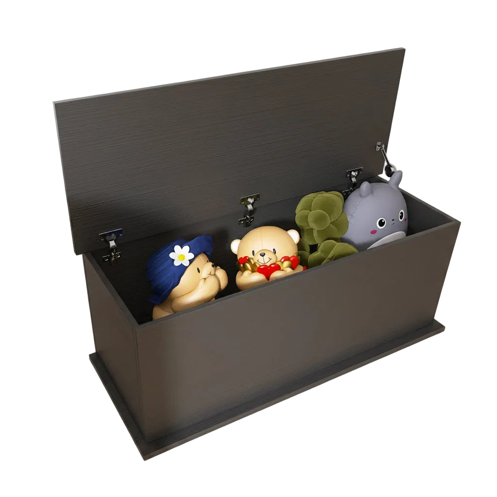 Toy storage box with four plush toys inside on a white background