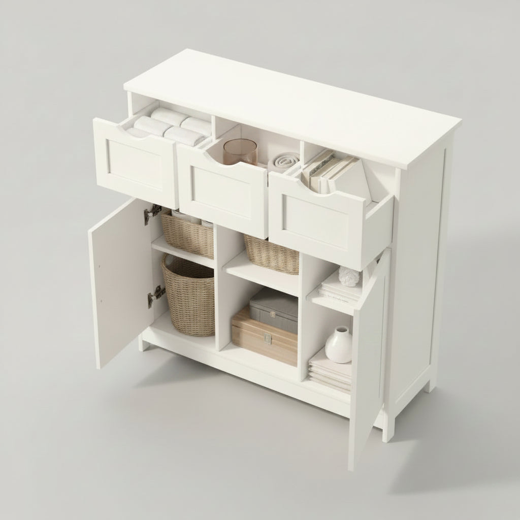 White storage cabinet with open doors showing interior shelves and drawers, with a plant and umbrella in the background.