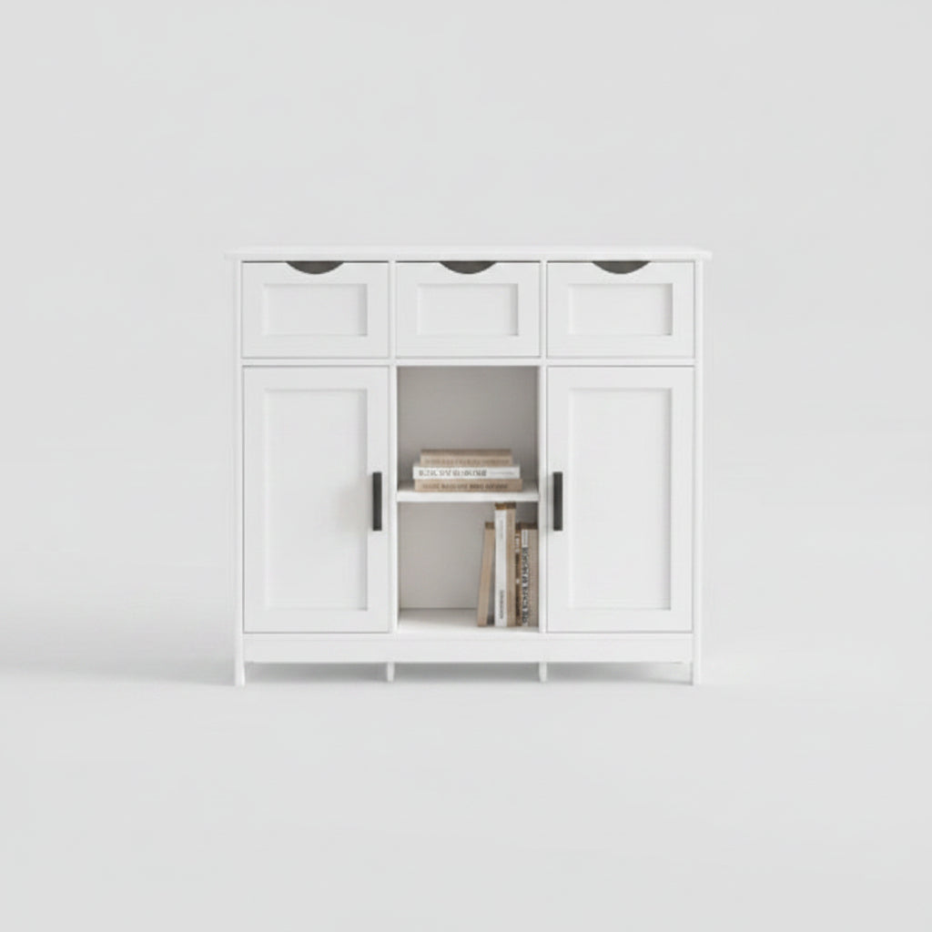 White cabinet with decorative items on a wooden floor