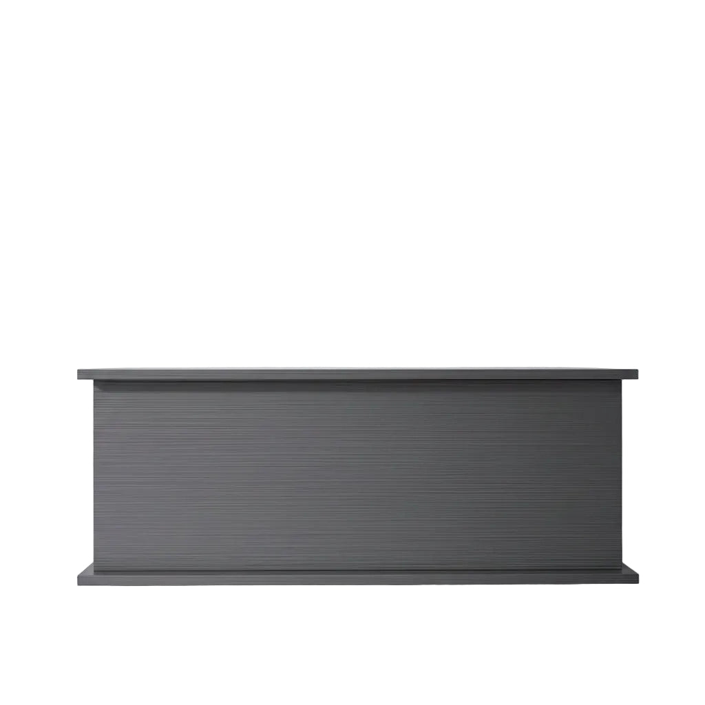 Gray shoe storage bench with shoes, a box, and flowers on top in a room setting.