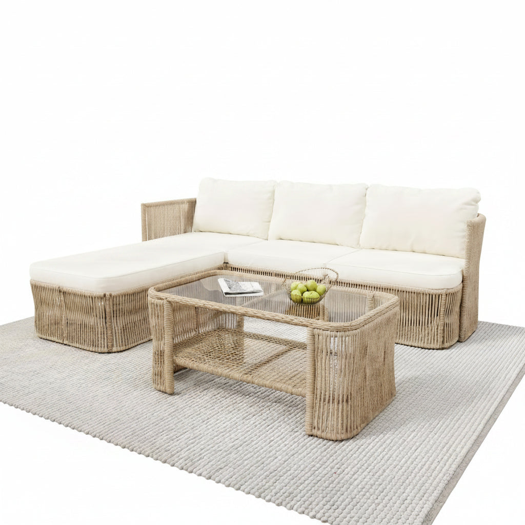 Outdoor patio set with wicker furniture on a wooden deck.
