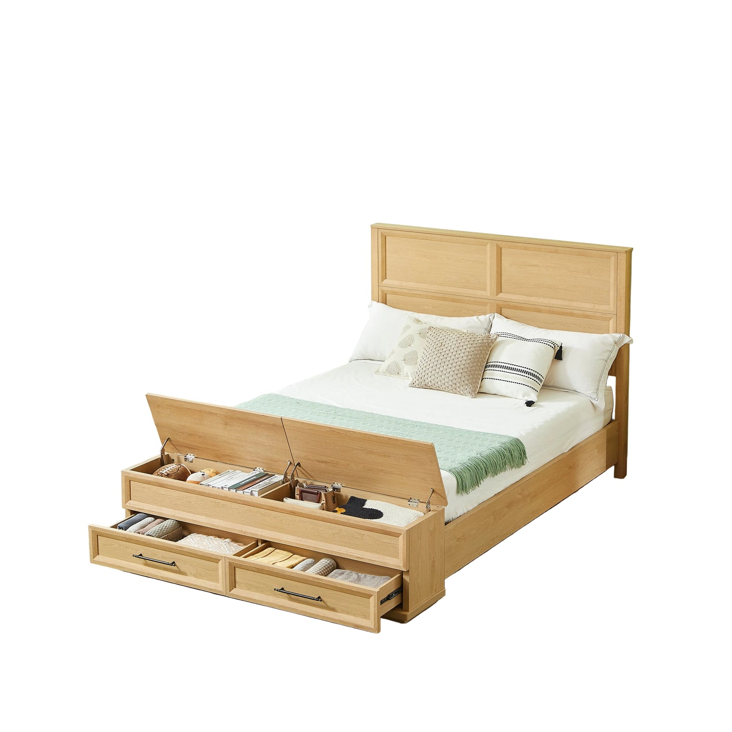 Wooden bed with storage drawers in a bright bedroom with green walls and a plant.