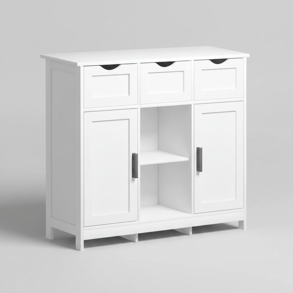 White cabinet with a door and two drawers on a white background