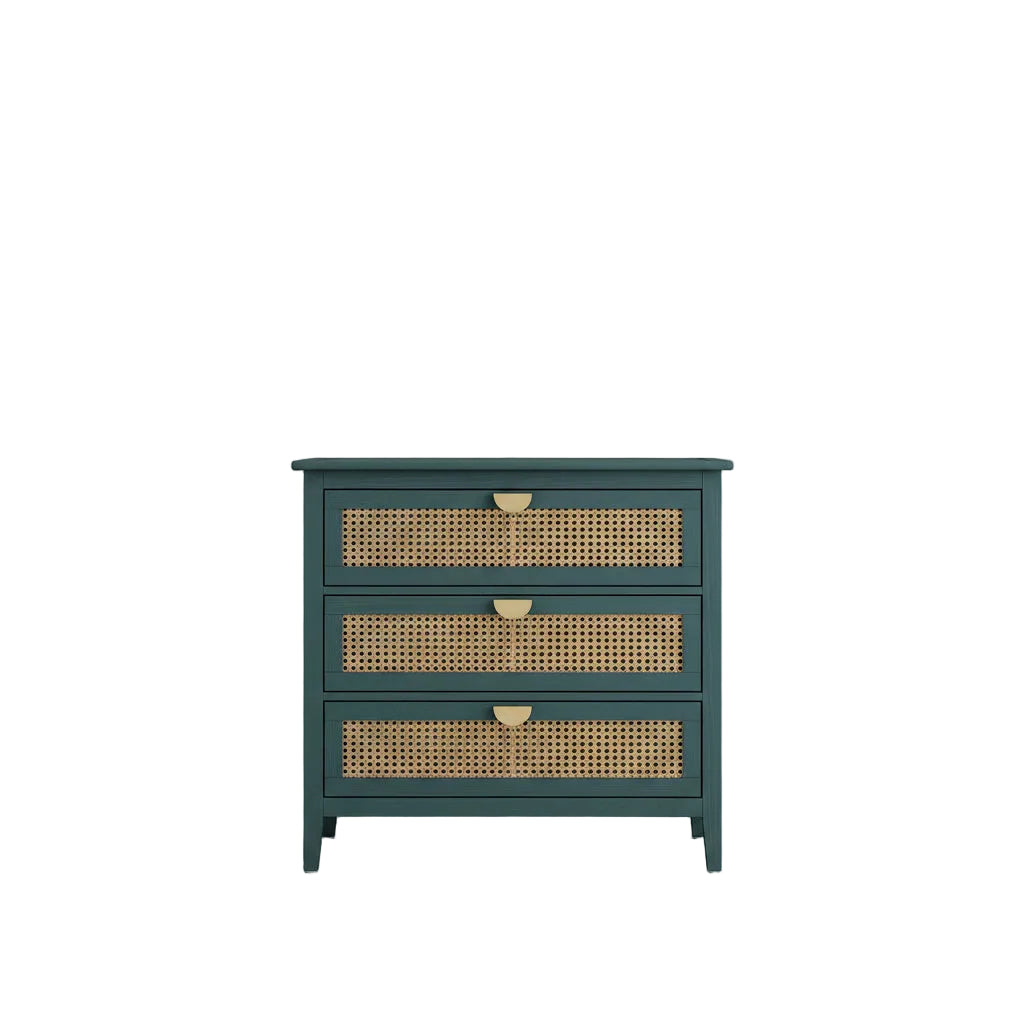 Blue dresser with wicker drawers in a room with a plant and window.