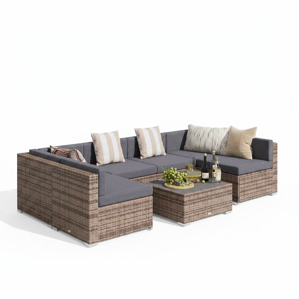 A 5-piece outdoor patio sectional sofa set with a matching coffee table, featuring a woven wicker frame in brown, dark gray cushions, and neutral striped and solid accent pillows.