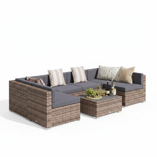 A 5-piece outdoor patio sectional sofa set with a matching coffee table, featuring a woven wicker frame in brown, dark gray cushions, and neutral striped and solid accent pillows.