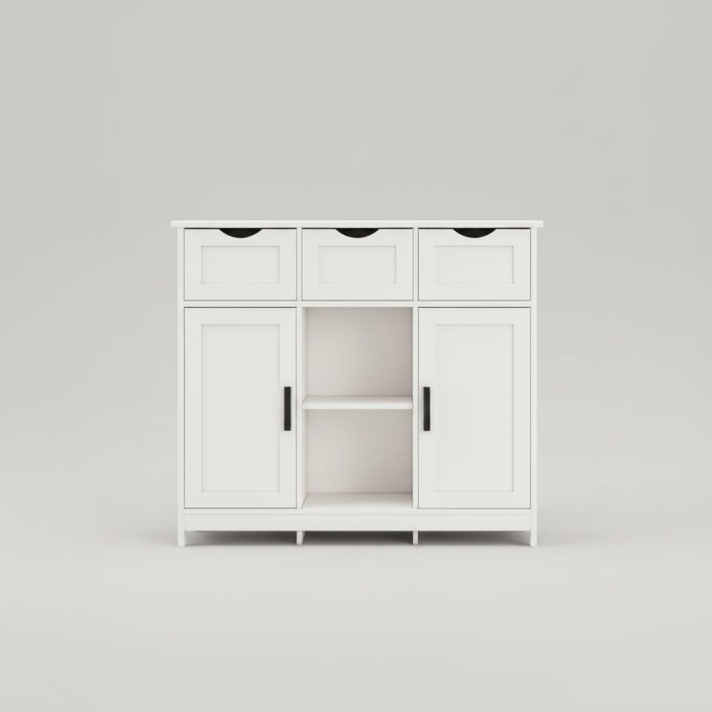 White storage cabinet in a kitchen setting with a chair and plant.