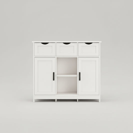 White storage cabinet in a kitchen setting with a chair and plant.
