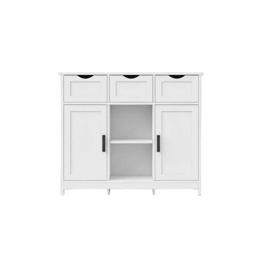 White sideboard with decorative items in a room with a plant and umbrella
