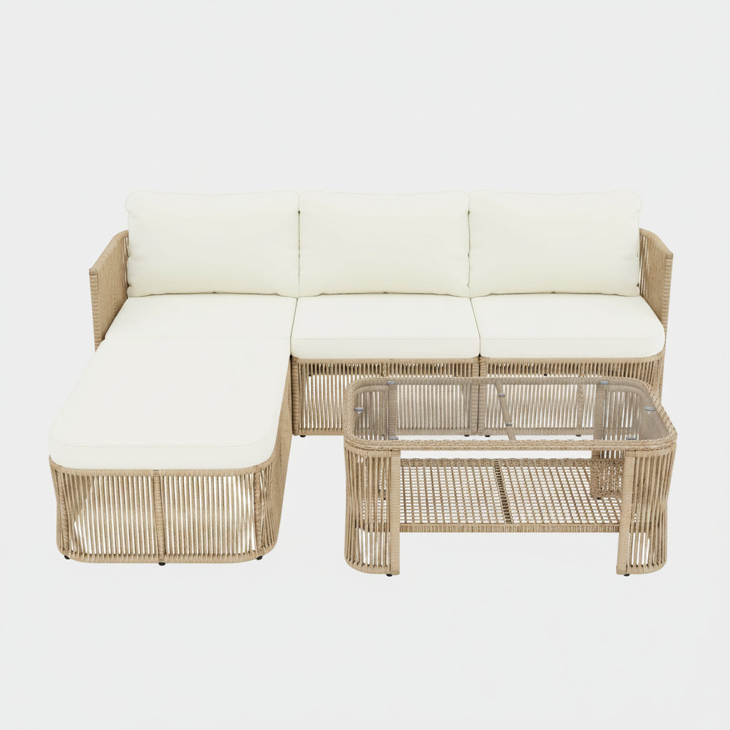 Wicker outdoor furniture set with white cushions on a white background