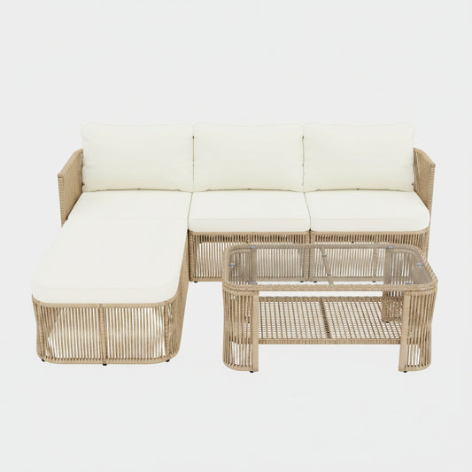 Wicker outdoor furniture set with white cushions on a white background
