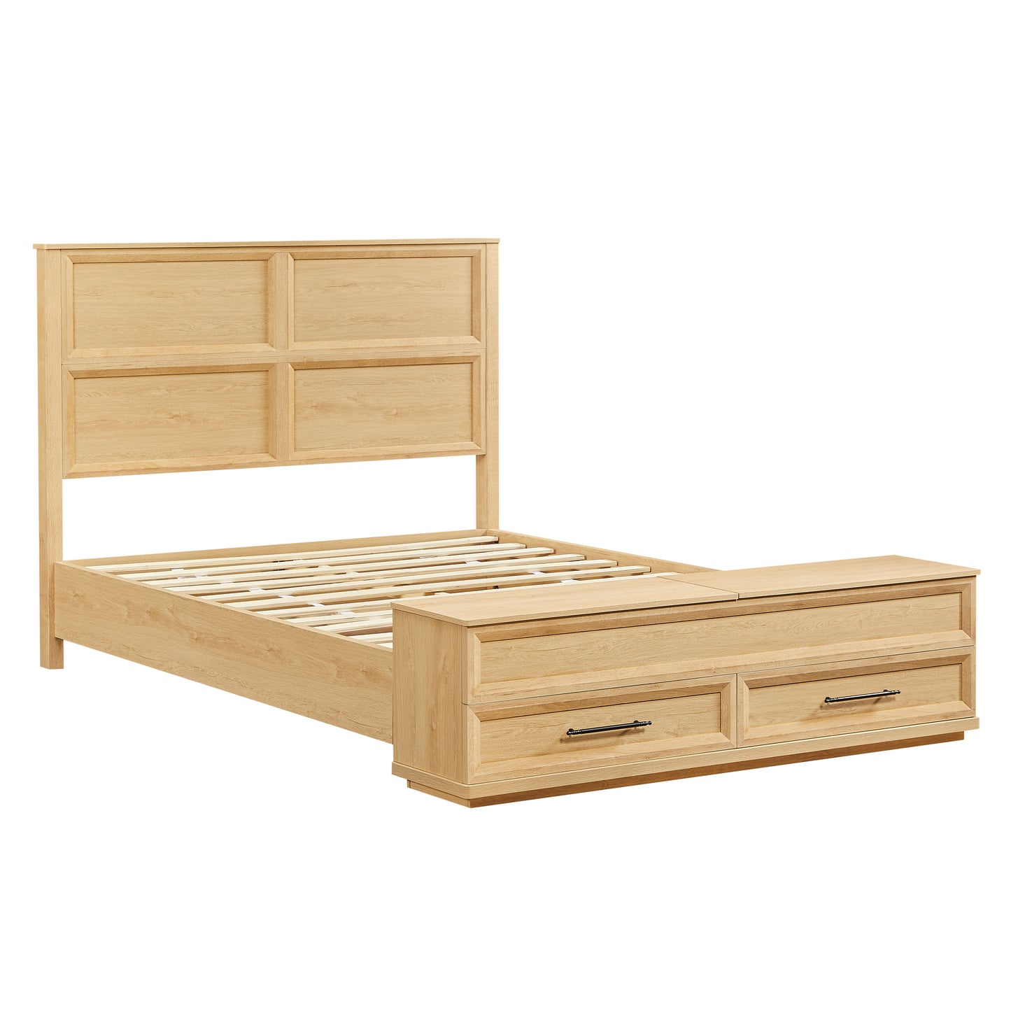 Wooden bed frame with storage drawers on a white background