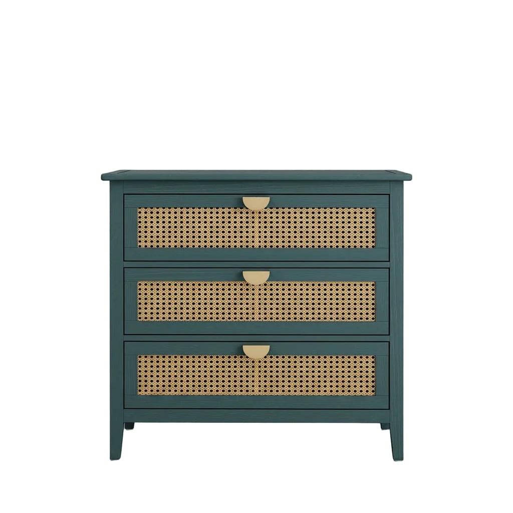 Blue dresser with wicker drawers in a room setting
