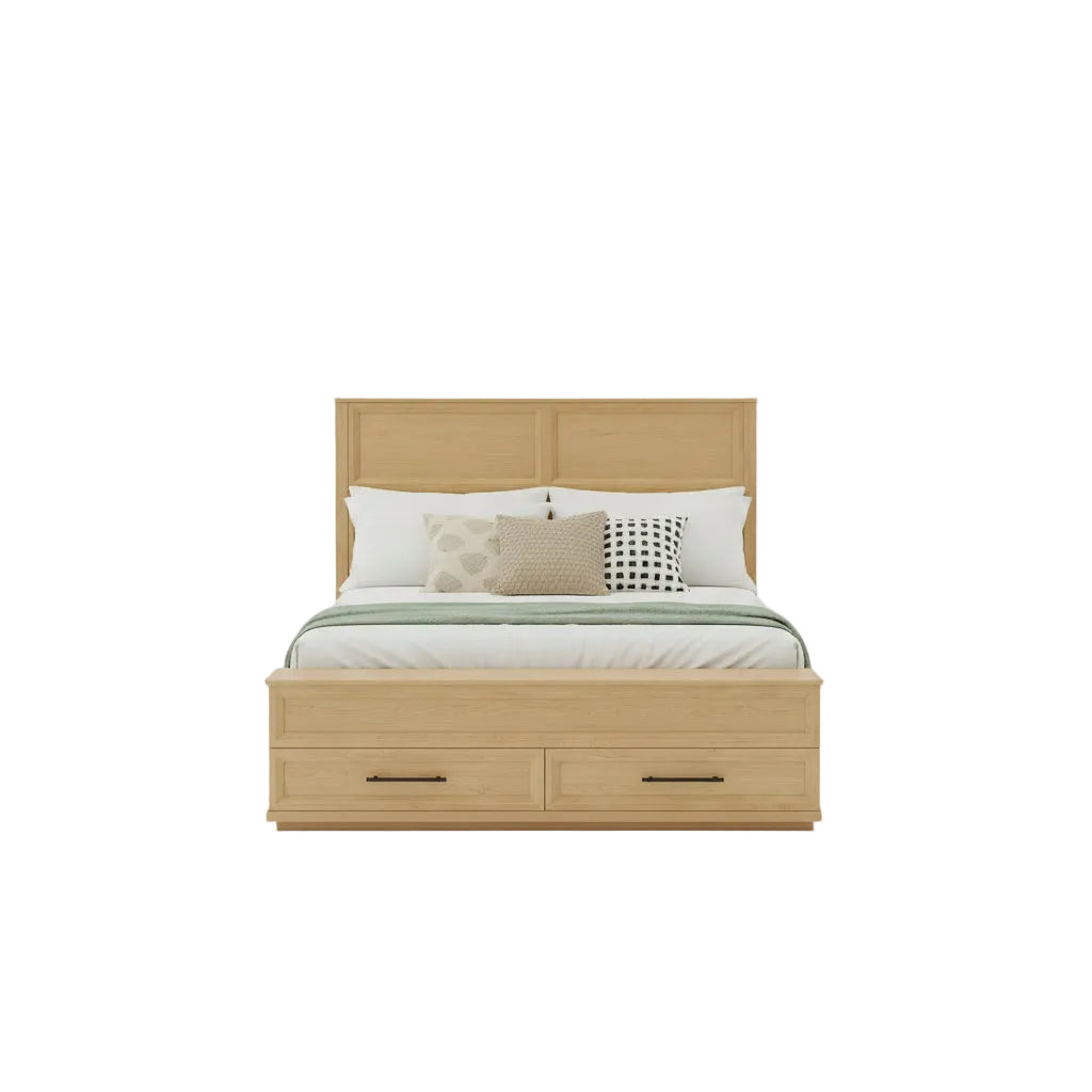 Wooden bed with white bedding in a room with green walls and a plant.