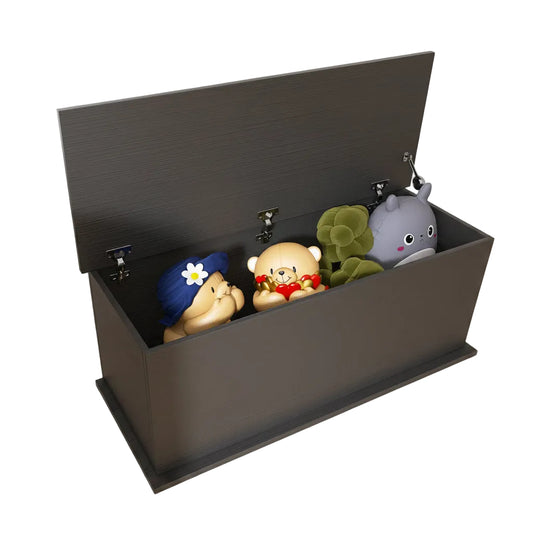 Toy storage box with four plush toys inside on a white background