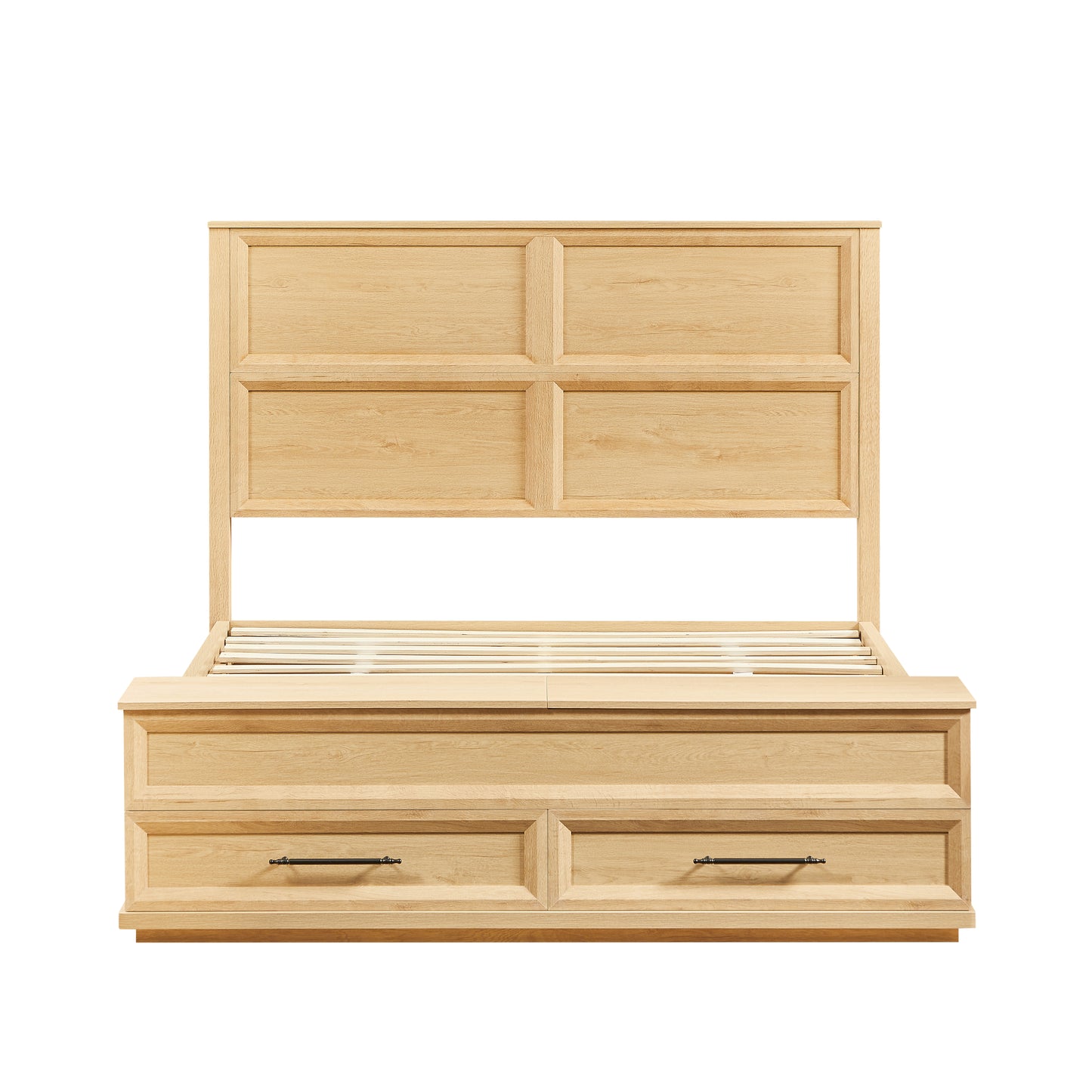 Wooden headboard with storage drawers on a white background