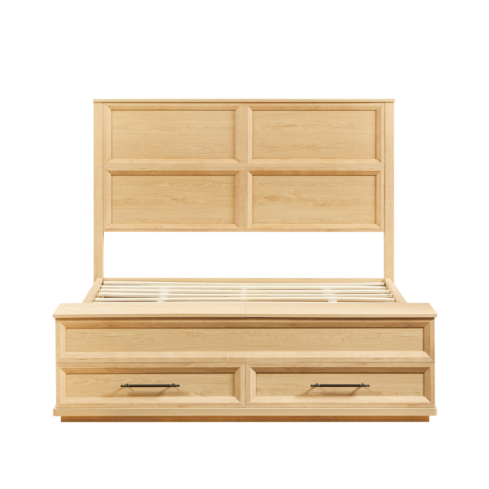 Wooden headboard with storage drawers on a white background