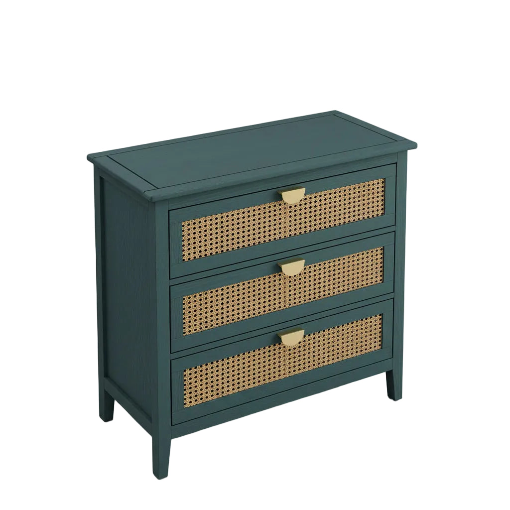 Teal dresser with wicker drawers in a room setting