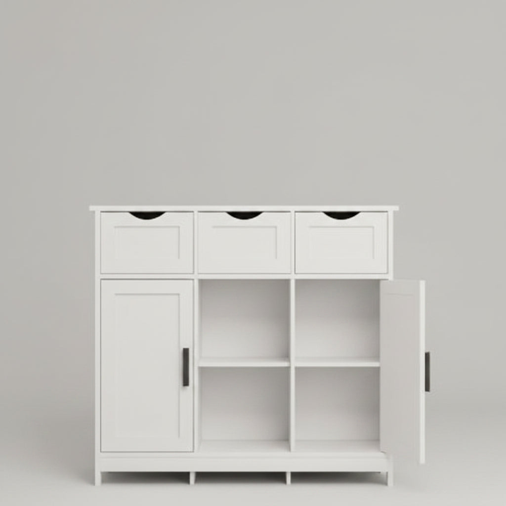 White storage cabinet with decorative items in a room with plants and a sofa.