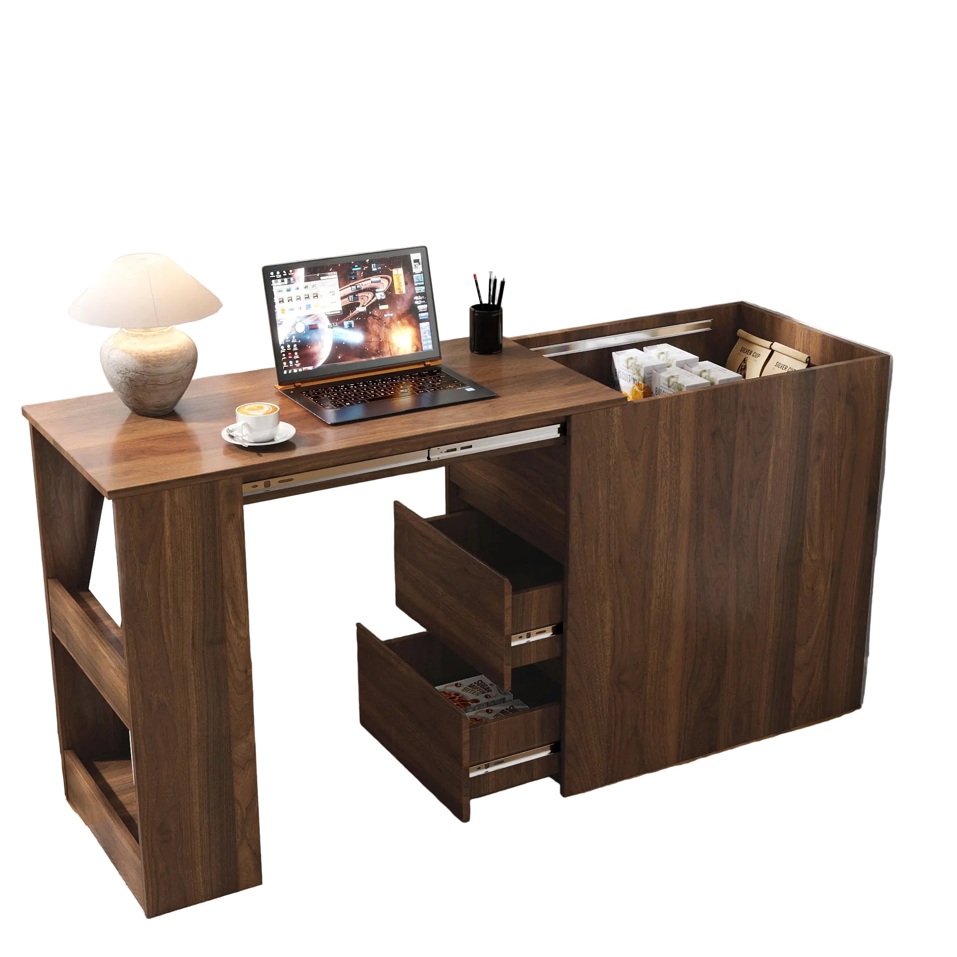 Wooden desk with laptop, lamp, and stationery in a bright room.